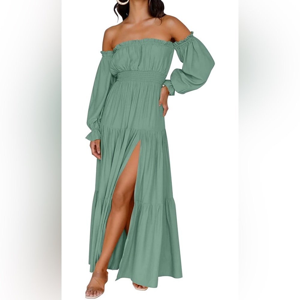 Off Shoulder Long Sleeve Smocked High Waist Side Split Flowy Long Maxi Dress